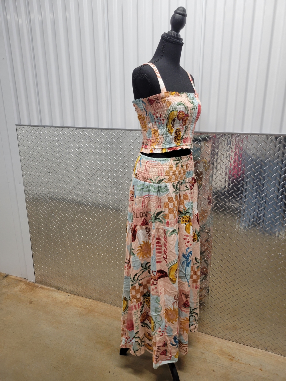 Paper Heart Sydney Australia Des Fruits Smocked Crop Top Maxi Skirt Set Sz M - Picture 6 of 11